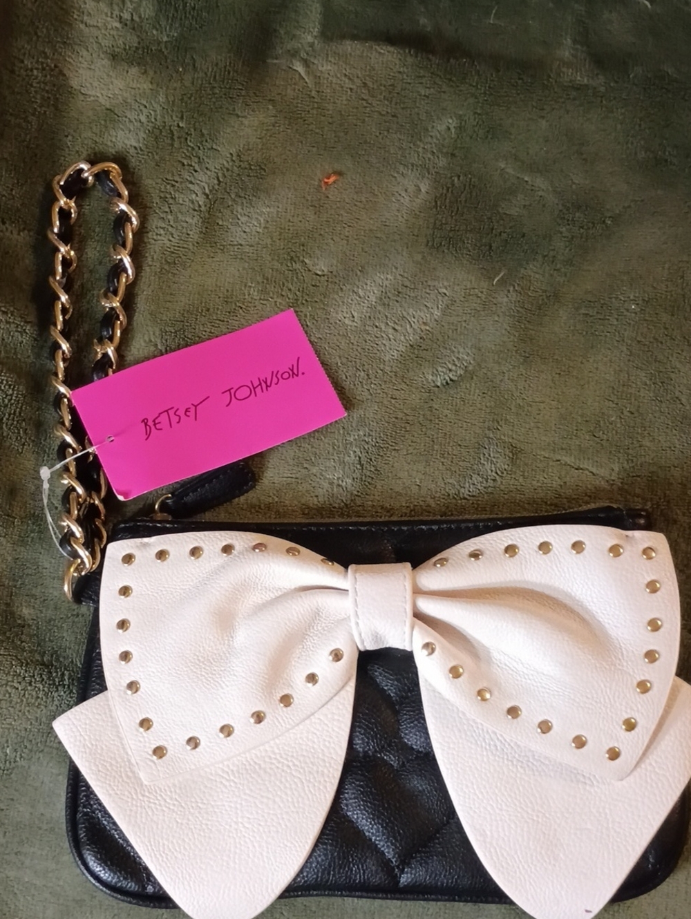 Betsey Johnson Black Wristlet with White Bow and Gold Chain